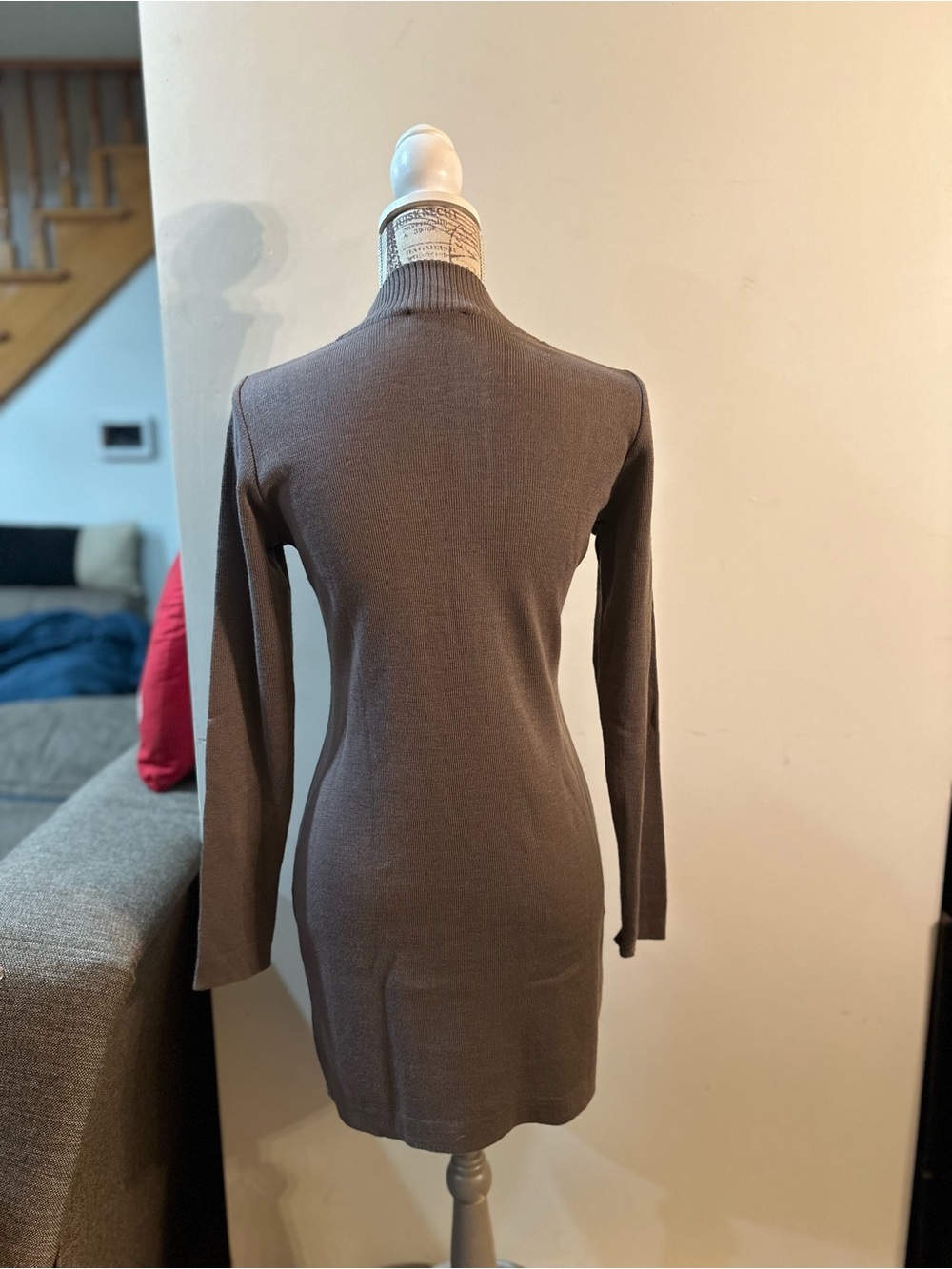 Long-Sleeve Taupe Knit Dress with Braided Front - Picture 7 of 12